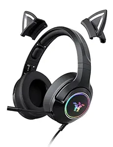 PHNIXGAM Gaming Headset with Mic for PS4, PS5, Xbox One(No Adapter), Wired Over-Ear Headphones with Detachable Cat Ears, Noise Cancelling Microphone, RGB Backlight, Surround Sound for PC, Mobile Phone