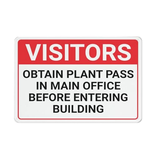 Visitors Obtain Plant Pass In Main Office Before Entering Building Sign Metal Signs 12X8 Inch Rust Free Aluminum,Uv Ink Printing,Durable/Weatherproof Outdoor For Home