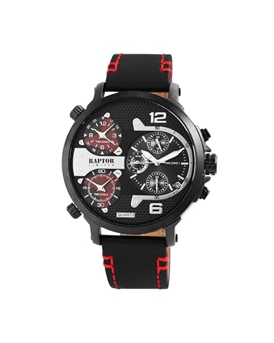 Raptor Limited Herren-Uhr Leder Armbanduhr schwarz rot 3 Zeitzonen 24 Std. Anzeige Tachymeter Datums-/ Wochentaganzeige