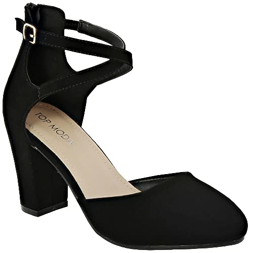 TOP Moda Women's Chunky Block Heels Closed Toe Ankle Strap Pumps Dress Shoes