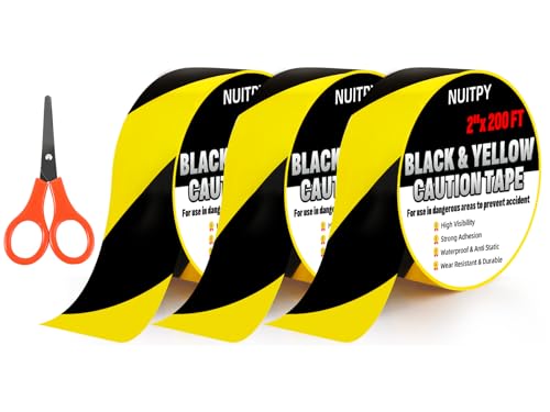 3 Roll Black & Yellow Caution Tape, 2'' x 600 FT Total Length Safety Tape, Black & Yellow Floor Marking Tapes, High Adhesive Hazard Tapes for Floors, Walls, Staircase, Pipes, Equipment, Dangerous Area