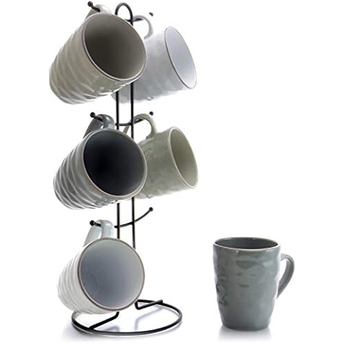 Elama Tahitian Waves 6 Piece 12 oz Mug Set in Assorted Tones with Complimentary Stand