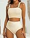 High Waisted Bandeau Bikini Set - Women Strapless Two Piece Swimsuits Ribbed Longline Full Coverage Bathing Suits Swimwear Beige