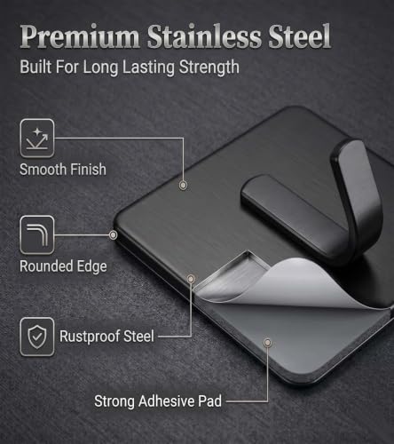 Image of Enclave Heavy Duty Adhesive Hooks, Stick on Wall Adhesive Hangers, Strong Stainless Steel Holder, Self Adhesive Hooks for Kitchen Bathroom Home Door Towel Coat Key Robe. (J Shape Black, Pack of 8)