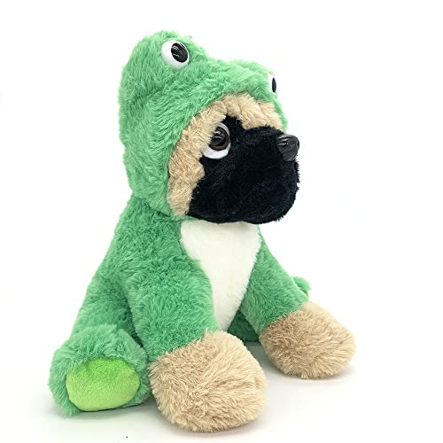 Pug Stuffed Animal Dressed Up As A Frog, Plush Pug Dog Soft Toy Wearing Green Costume Cloth, Cute Fluffy Froggy Plushie Puppy, For Kids, Christmas, Nursery Decoration, Party Suppliers #TOP1