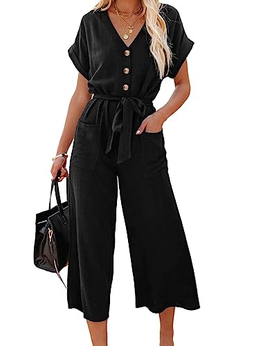 Dokotoo Damen Jumpsuit Elegant Kurzarm V-Ausschnitt Overall Sommer Lose...