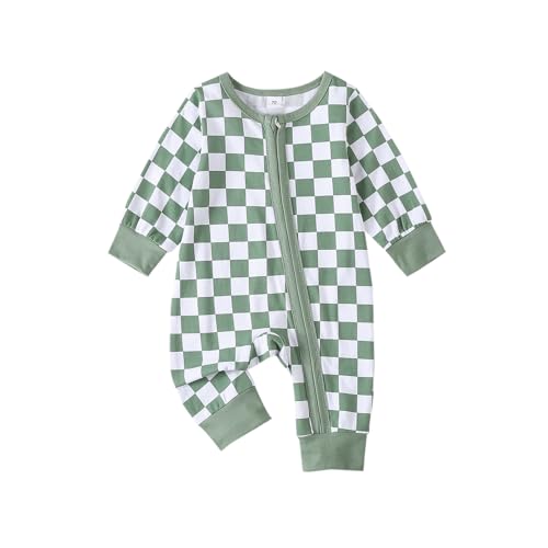 Image of Karuedoo Newborn Baby Boy Girl Clothes Checkered Long Sleeve Zipper Romper Jumpsuit One Piece Bodysuit Fall Winter Outfit