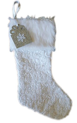 Bungalow Ikkis White Christmas Rosette Stocking with Faux Fur Trim - 17