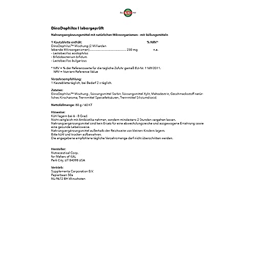 KAL DinoDophilus | 60 Kautabletten | laborgeprüft | zuckerfrei | Nahrungsergänzungsmittel mit Mischung natürlicher Mikroorganismen für Kinder mit Schwarzkirsche Geschmack | Optimierung der Darmflora