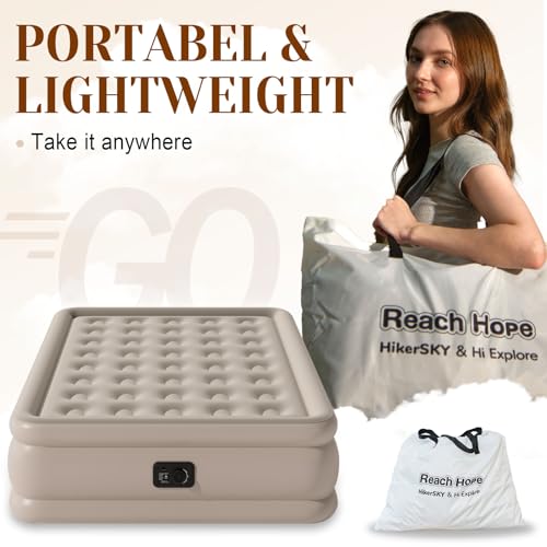 Image of Air mattress with integrated pump, plug-in electric pump, self-inflating air mattress, blown travel bed, comfortable air mattress for home rentals, camping and guests.