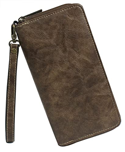 Autumnwell RFID Blocking Double Zipper Long Clutch Wallet Cellphone Wallet for Women with Hand Strap for Card, Cash, Coin, Bill (smoke grey)