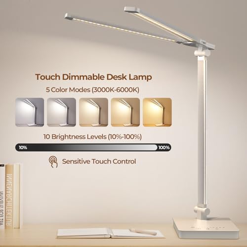JVURICE Schreibtischlampe LED 15W Dimmbar mit Augenschutz, 5 Farben und 10 Helligkeitsstufen, mit Adapter Ladefunktion Timer-Funktion, Memory Lesemodus Tischlampe für Kinder Schlafzimmer Büro (Weiß)