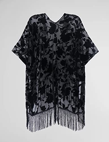 Image of MJ SERECA Women's Burnout Velvet Kimono Cardigan Cover Up with Tassel