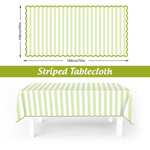 Whaline Scalloped Edge Green Striped Tablecloth Waterproof Fabric Tablecloth Rectangle Table Cover for Home Kitchen Table Decoration, 55 x 70 Inch by Whaline - Used condition - Image 2