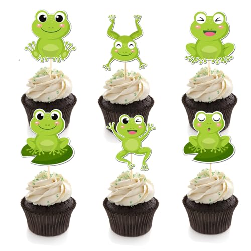 Summer Frog Cupcake Toppers for Kids Birthday Party,12PCS Funny Frog Decorations with 6 Designs, Food Safe Cardstock Toppers for Pool Party Supplies