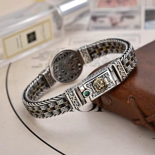 Italian Handmade Sterling Silver Mens Bracelets | Solid S925 Chain Bracelets | Men's Silver Bracelet Gift for Dad, Boyfriend, Son, My Man (8.6'' Lion Circular Vintage) - Image 4