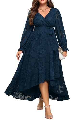 Navy Blue Dress Women Plus Size Wedding Guest Cocktail Fall Semi Formal Floral Long Sleeve Wrap High Low Maxi Dresses