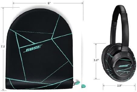 Diagram showing the dimensions of the Bose SoundTrue Around-Ear Headphones and their carrying case.