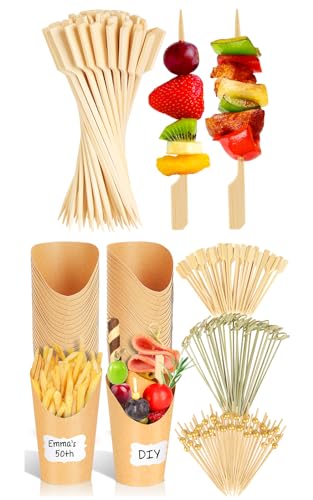 800PCS Charcuterie Cups with Sticks, Charcuterie Boards Accessories - Disposable Brown Paper French Fry Holder - 12 oz Appetizer Cups with Cocktail Toothpicks Skewers (80 Cups+620 Picks+100 Labels)
