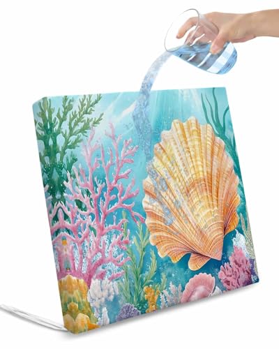 2 Pack Summer Ocean Waterproof Cushion Covers with Ties, Outdoor Patio Chaise Lounge Chair Seat Cushion Slip Covers Replacement(Only Cover) Coastal Watercolor Coral Shell 22