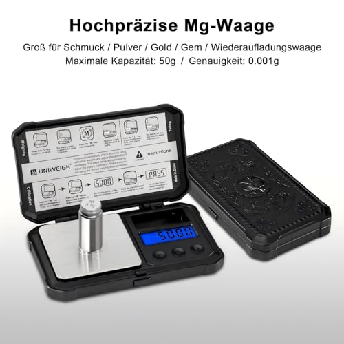 UNIWEIGH Milligramm-Waage 50g/0.001g Hochpräzise, Digitale Schmuckwaage Mit LCD/Tara, 6 Einheiten, Mikro-Gramm für Pulver, Medizin, Münze, Gold, Reloading - Inkl. Cal Weight, Batterien