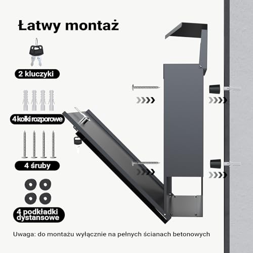 Wiltec Skrzynka na listy antracytowa V23, stalowa z ukrytym zamkiem, nowoczesna skrzynka pocztowa do montażu na ścianie i stojaku, miejsce na gazety