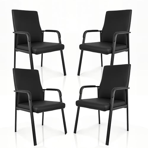 Image of Leather Office Guest Chair, Guest Conference Room Chair, 600 LBS Capacity High Back Reception Chair with Padded Armrests, No Wheels, Black - 4 Pack