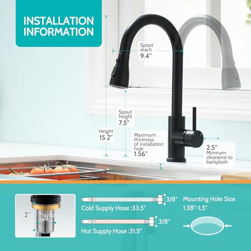 Kicimpro Matte Black Kitchen Faucet with Pull Down Sprayer, 304 Stainless Steel, 23-Inch Extended Hose Design, Three Water Functional Ways, Easy Installation by kicimpro - Image 2