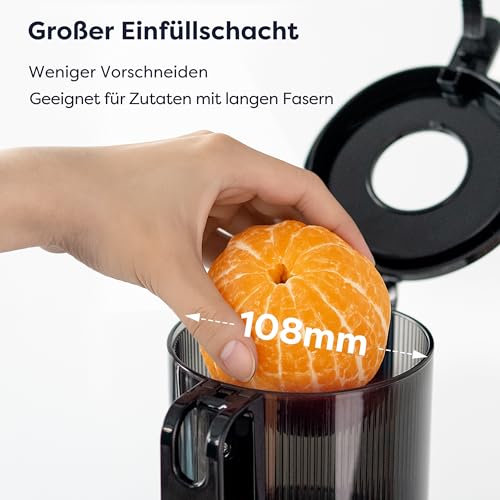 Ciarra AWSJ046-B Entsafter Slow Juicer Kaltpress,108 mm Einfüllschacht, BPA-Frei, Entsafter Gemüse und Obst für Ganze，Automatische Abschaltung, Rückwärtsfunktion, 2 Behältern, Schwarz
