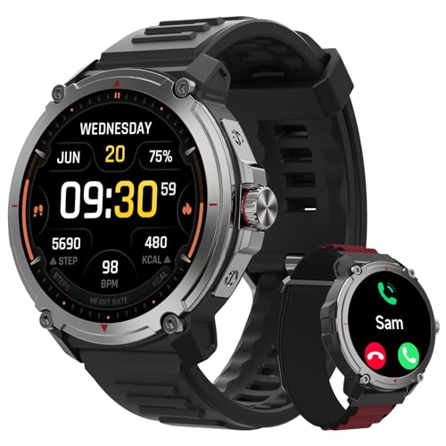 TOOBUR Rugged Smart Watch for Men Alexa Built-in, 46mm fitness watch, Answer/Make Calls, Heart Rate/Sleep/SpO2 Tracker/100 Sports/2ATM Waterproof, Smartwatch Compatible Android iOS, 2 Straps Black&Red