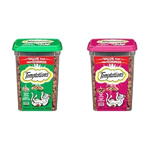 TEMPTATIONS Adult Cat Treats, Seafood Medley Flavour + Hearty Beef Flavour, 454g Tub (2 Pack)