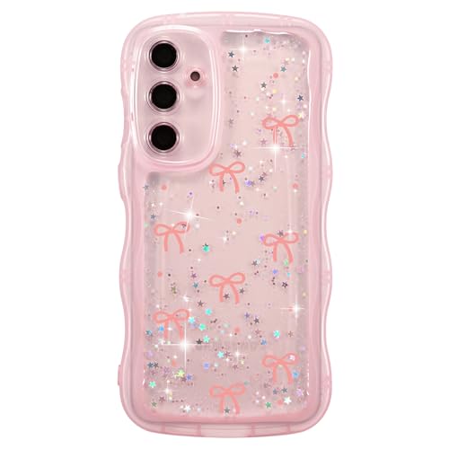 ZTOFERA for Samsung Galaxy S24 Case Wavy Edge,Glitter Star & Bow Pattern Phone Case Cute for Girl Women, Soft TPU Shockproof Full Protection Clear Phone Cover for Samsung S24-Pink Bow