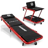 M-AUTO Heavy-Duty Convertible Mechanic Creeper, Z-Creeper 2-in-1 Creeper and Seat 48" Padded Adjustable Headrest Roller Garage Chair with 7 Swivel Casters for Washing, Detailing, Maintenance, Red