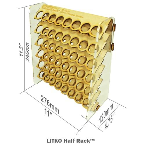 Image of Paint Rack | Holds 48 18mL Dropper Bottles | Wall Mount | Workbench | Fits Vallejo, Army Painter, AK & 26mm paints | 24x12x4in acrylic & MDF | Store upright or inverted | No-glue tab-&-slot