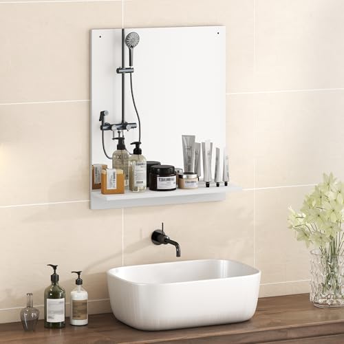 HOMCOM Miroir de Salle de Bain Moderne avec étagère, Miroir Mural 50 x 60 cm pour entrée, Couloir, Chambre, Blanc