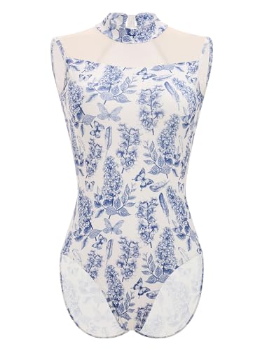 AFAVOM Ballet Leotards for Women Floral Print Dance Leotard Sleeveless Mesh Backless Bodysuit Tops Adult Ballerina Gymnastics Dancewear with Bra Cutout Mock Neck Lyrical Costume Blue M