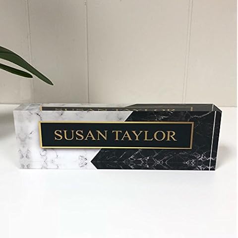 Artblox Personalized Name Plate for Desk | Black & White Marble Design On Clear Acrylic Glass | Custom Desk Name Plate Personalized Name and Credentials for Teacher Phd Military Office Name Plate Cover