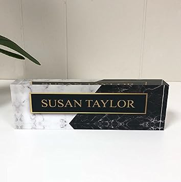 Artblox Personalized Name Plate for Desk | Black & White Marble Design On Clear Acrylic Glass | Custom Desk Name Plate Personalized Name and Credentials for Teacher Phd Military Office Name Plate