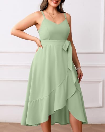 Image of Pinup Fashion Plus Size Cocktail Party Wedding Guest Semi Formal Midi Dress | Sexy V-neck, adjustable spaghetti strap, belted waist, fit and flare, flowy high-low ruffle hem, ideal for prom, homecoming
