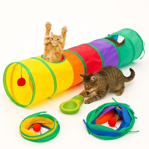Kit Interativo para Gatos com Túnel Colorido 110cm, Brinquedo Abacate com Catnip e Escova de Canto –