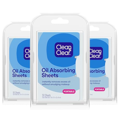 Clean & Clear Essentials Oil Absorbing Sheets, Portable Blotting Papers for Shine Control on the Face & Nose, Blotting Sheets Instantly Remove Excess Oil Without Smudging Makeup, 3 Pack