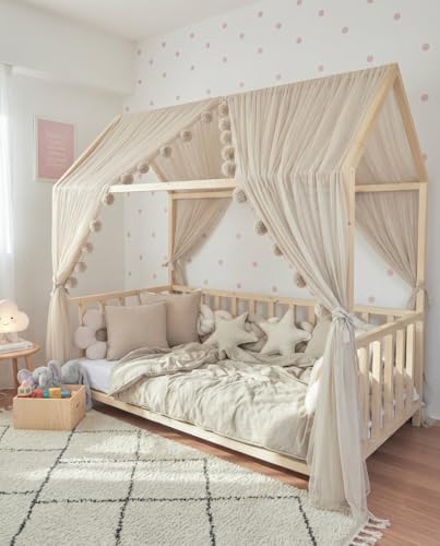 Fancyroom Beige Bed Canopy Decoration Set - Children's Room Pompom Garland, Premium Tulle, 149inches