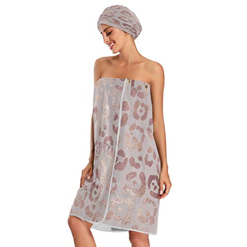 Nander Elegant Rose Gold Leopard Pattern Women 3Pcs Bath Towel Wrap & Dry Hair Cap Adjustable Closure Shower Robes,Soft Absorbent Quick Drying For Spa,Beach,Shower #TOP2