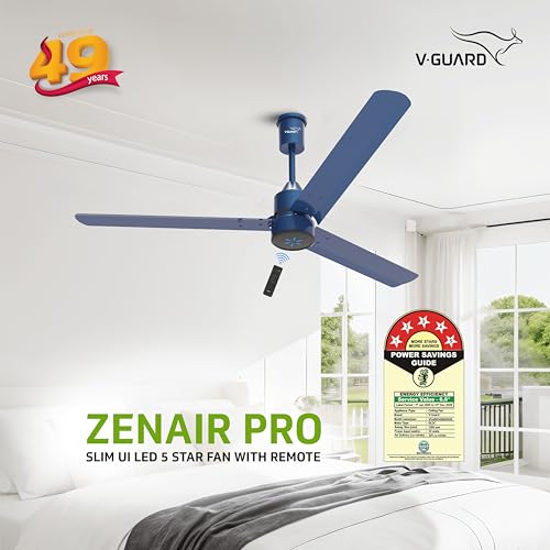 Image of V Guard Zenair Pro BLDC Ceiling Fan 1200 mm | BEE 5-Star Energy Saving | High-Speed BLDC Motor (370 RPM) | Remote Control with 6 Speeds | UI LED speed indicator | 2-Year Warranty | Sapphire Blue