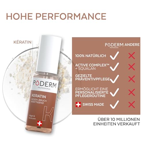 Poderm 5 in 1 Nagel Booster Serum - Keratin | Vorbeugende Anti-Bruch Pflege & Härter zur Stärkung der Struktur brüchiger Nägel - 6 ML | 100% Natürlich - Entwickelt von einem Podologen in der Schweiz