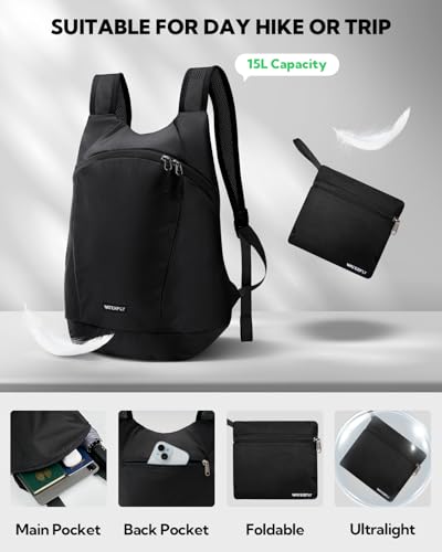 WATERFLY Faltbarer Rucksack Klein 15L: Ultraleicht Wanderrucksack Packable Tagesrucksack Sportliche Backpack Lightweight Daypack für Wandern Fahrrad Outdoor Trekking Herren Damen