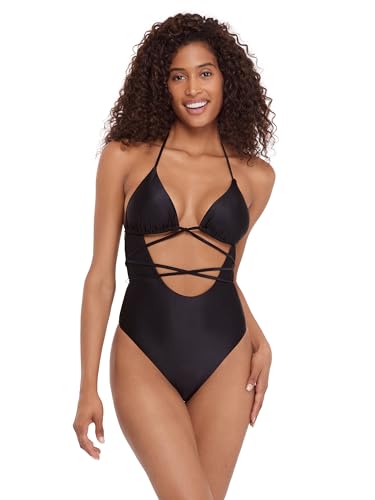 Steve Madden Womens Strappy Cutout Triangle One Piece Swimsuit, Shine Bright Raven, Large