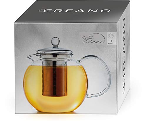 Creano Tetera de vidrio, tetera de vidrio de 3 piezas con colador de acero inoxidable integrado y tapa de vidrio, ideal para preparar tés sueltos, sin goteo, todo en uno Acero inoxidable 0.85L - Imagen 7