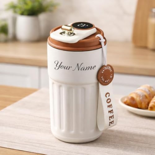 Image of VOLITO Personalized Coffee Mug with Temperature Display, 420ml Ceramic Travel Coffee Cup with Lid, Insulated Coffee Tumbler with Wrist Strap, Custom Name Gift for Coffee Lovers(mini 420ml)