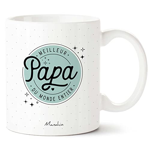 Manahia Mug Cadeau Personnalisé - Meilleur Papa du Monde Entier - Avec Boite Kraft - 330 mL, Céramique - Imprimé en France - Noël, Anniversaire, Fête des Pères